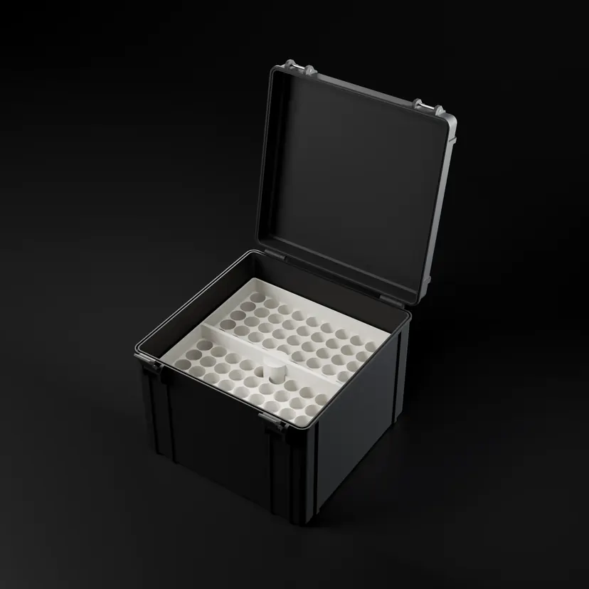 Render of an open black 300-slot stacked-tray vial case