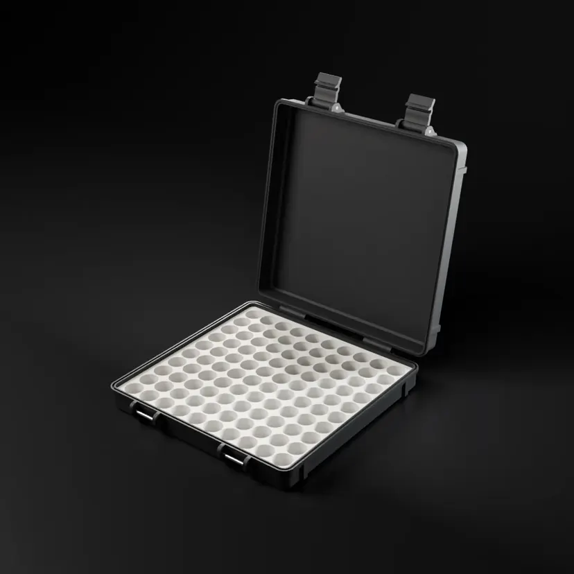 Open 100-slot vial case, studio render