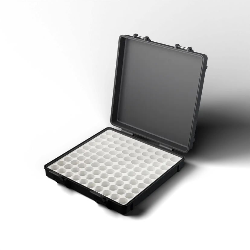 Open 100-slot vial case, studio render