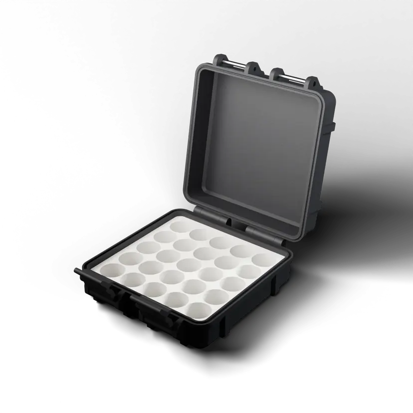 Open 25-slot vial case, studio render