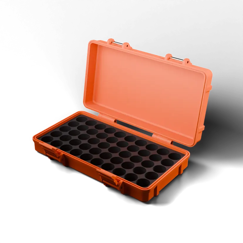 Open Mars Red 50-slot vial case, studio render