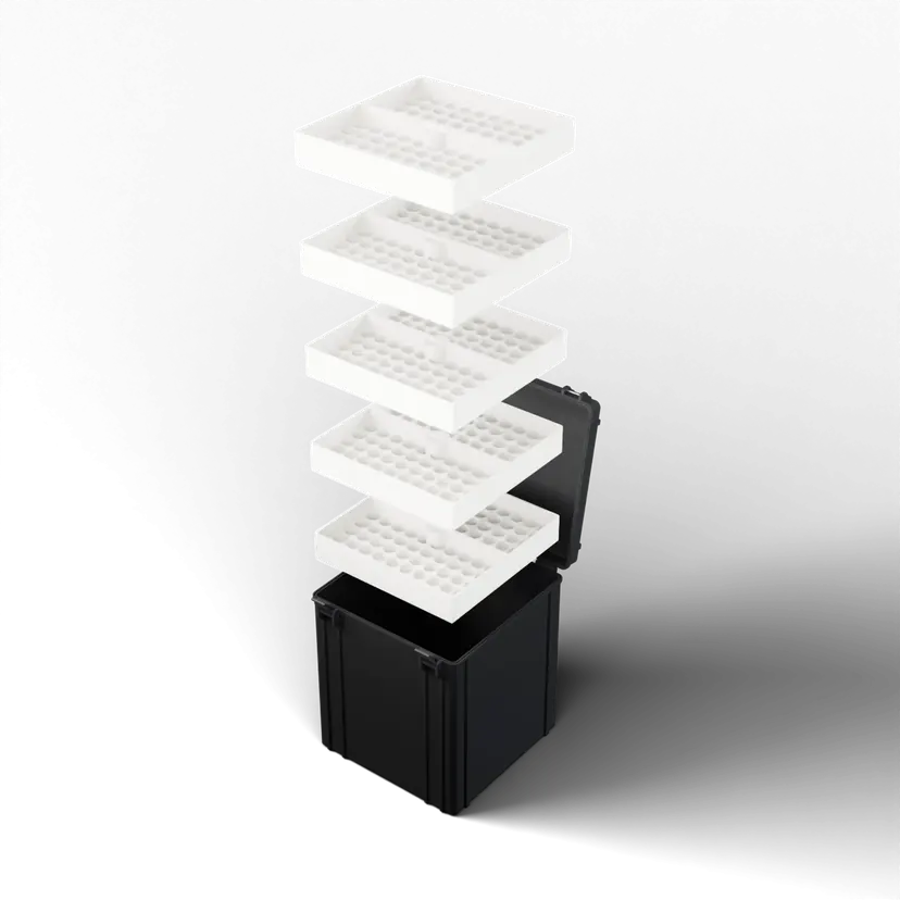 GIGA case with five 100-slot trays stacked above it, studio render